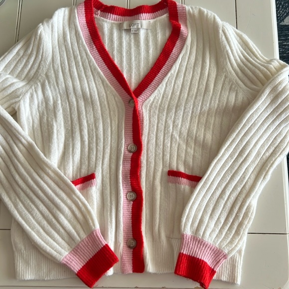 LOFT Sweaters - LOFT White Cardigan Pink and White Cardigan